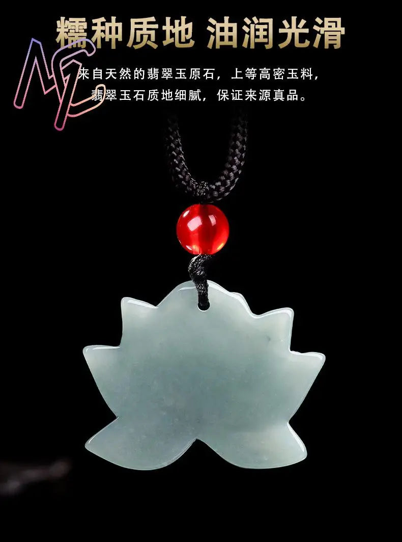 Myanmar Jadeite Lotus Pendant, Burmese Jade Luxury Amulet Necklace