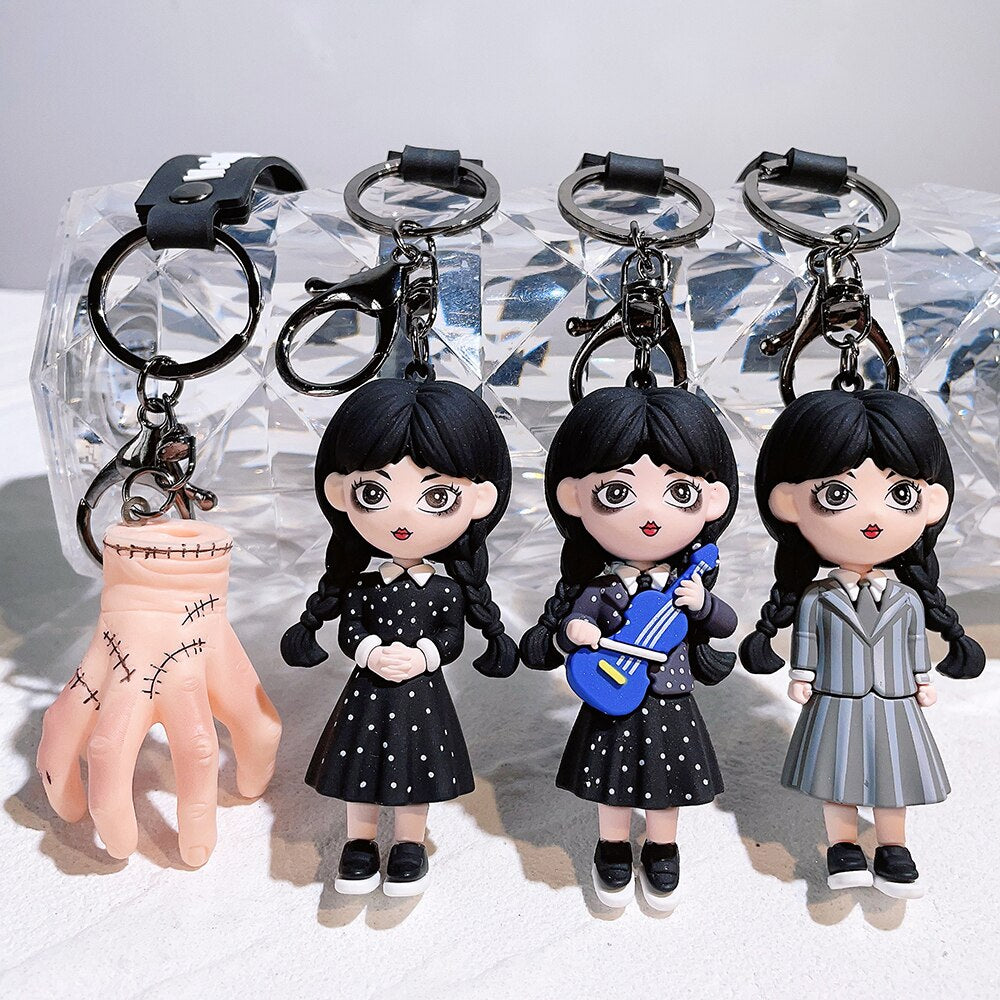 Trend Movie Addams 3d Keychain Wednesday Addams Pendant Keyrings Cartoon Figure Keyholder Backpack Car Key Keychains Accessories