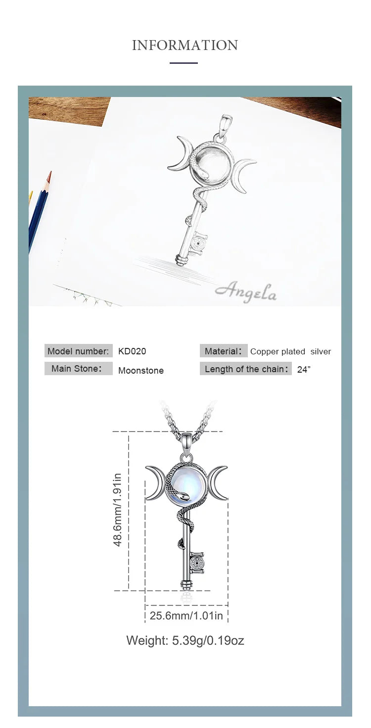 Hecate Key & Triple Moon Goddess Pendant with Moonstone, Sacred Witch Amulet