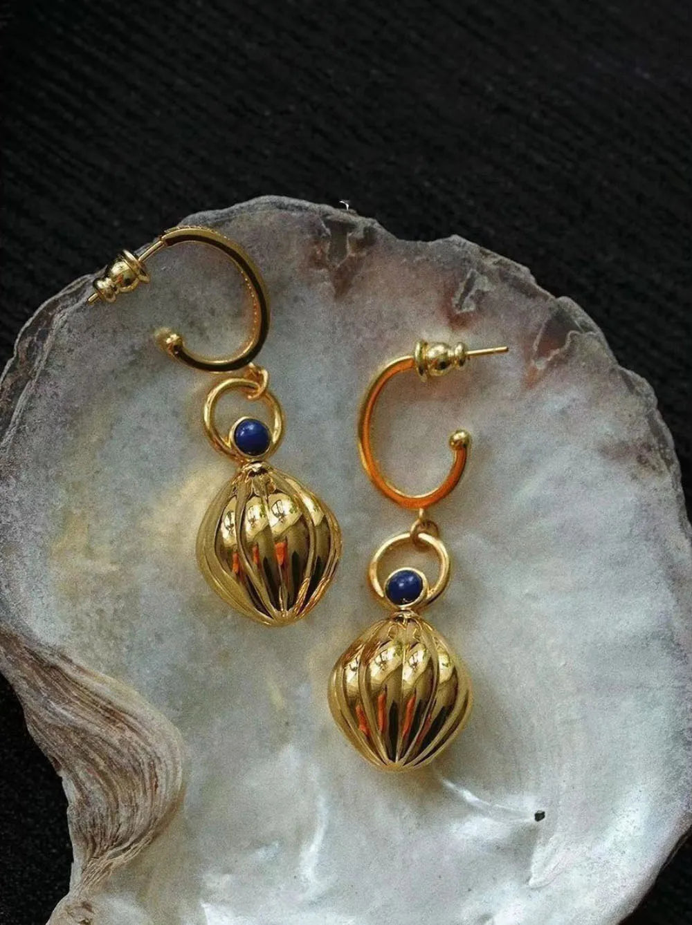 Nutmeg series original design retro artistic lapis lazuli earings long Ancient gold crafts glossy earrings for women jewelry - Charlie Dolly