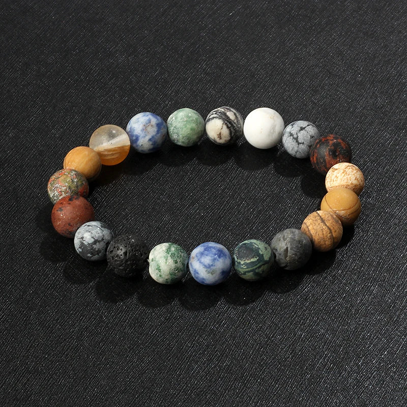 Nine Planets Solar System Beaded Bracelet, Natural Stone Galaxy Cosmic Talisman