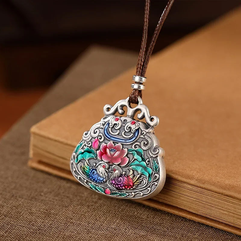 925 Sterling Silver Cloisonne Mandarin Duck & Lotus Enamel Necklace, Auspicious Love Amulet