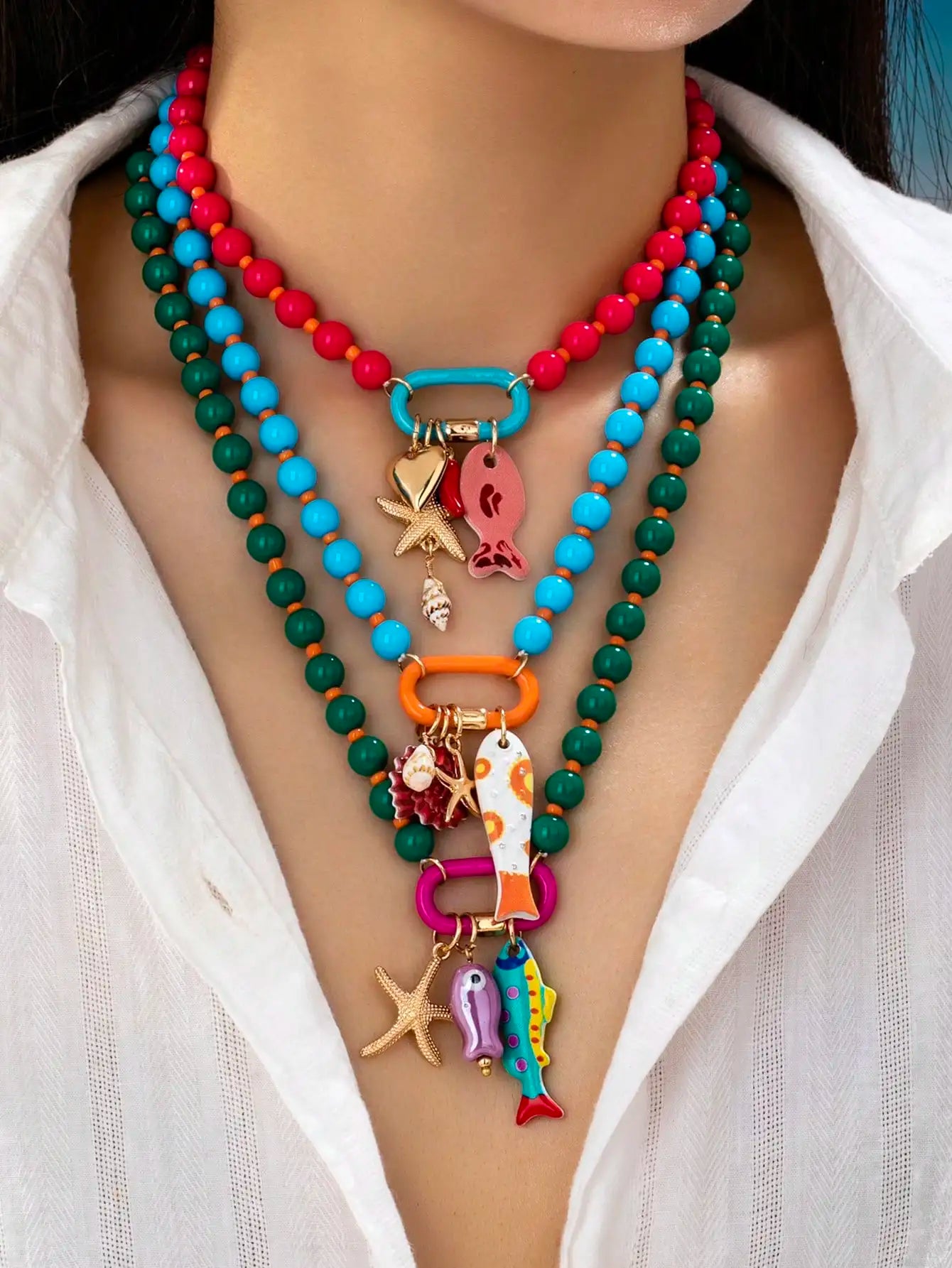 Fish Starfish Charm Resin Bead Layered Necklace Jewelry