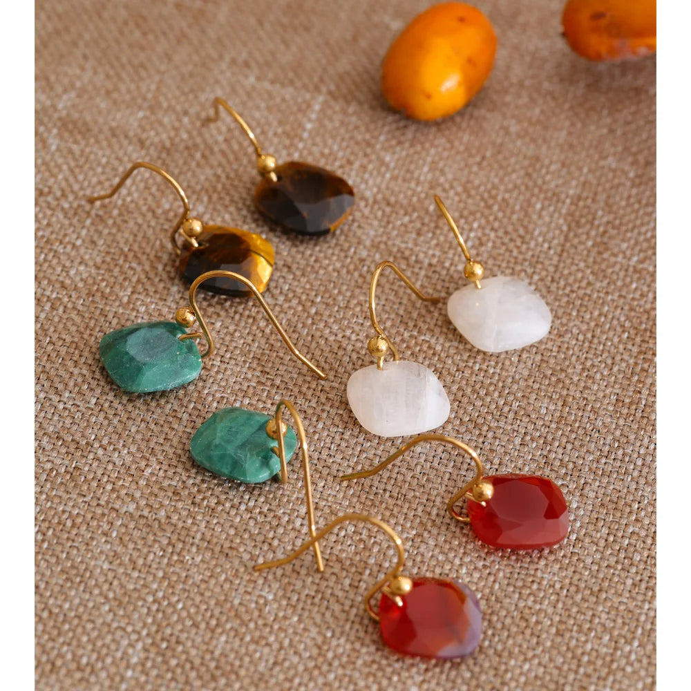 Natural Stone Square Drop Earrings, Tiger Eye Agate 14K Gold-Plated Stainless Steel Jewelry