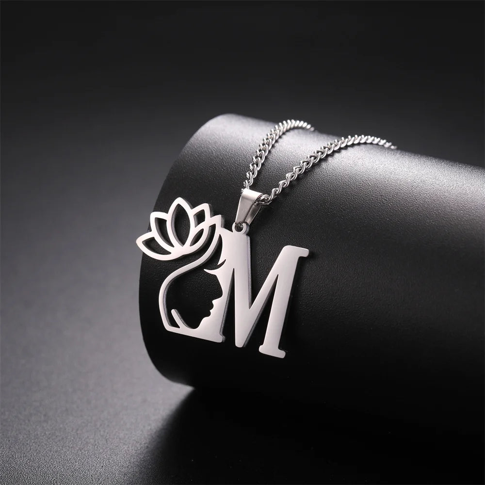 Lotus Flower Initial Letter Pendant, Personalized Stainless Steel Necklace