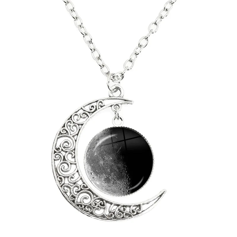 Lunar Phase Glass Dome Pendant Necklace, Full Moon & Eclipse Talisman