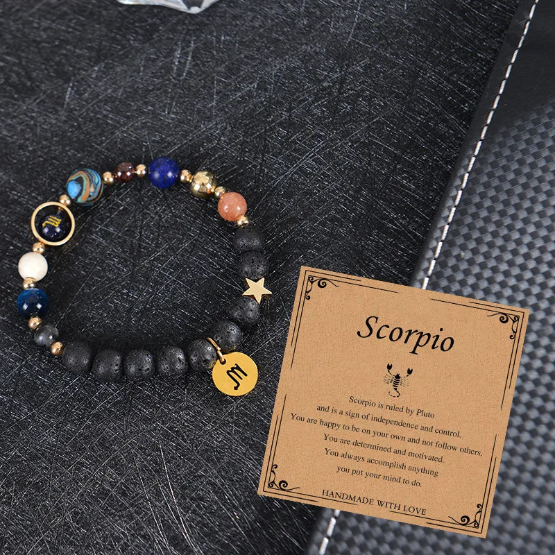 Zodiac Constellation Crystal Bracelet, 12 Signs Natural Stone Beaded Amulet