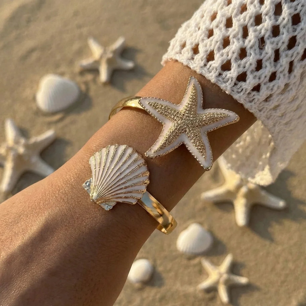 Starfish and Shell Enamel Bangle Bracelet