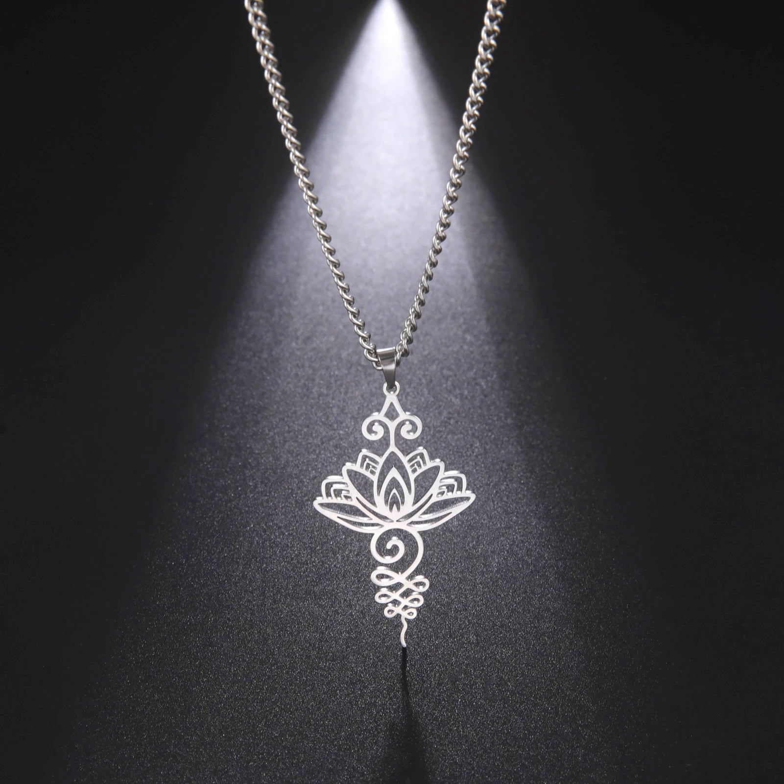 Lotus & Unalome Chakra Pendant, Stainless Steel Sacred Path Necklace