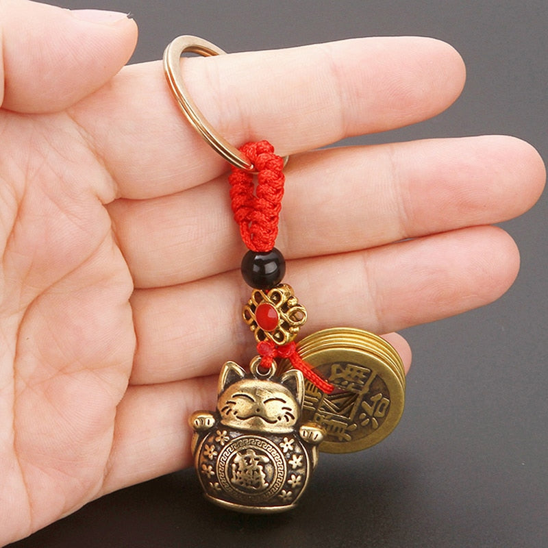 Pure Handmade Brass Lucky Cat Car Keychain Lucky Cat Five Emperors Money Keychain Feng Shui Coins Solid Lucky Key Rings