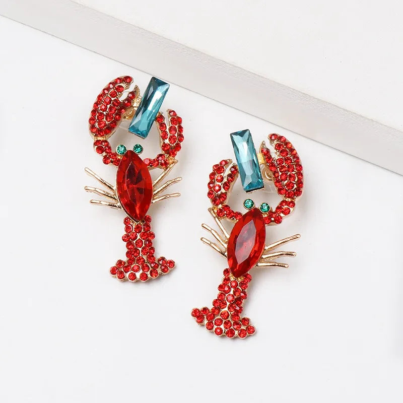 Red Rhinestone Lobster Ocean Dangle Earrings Jewelry