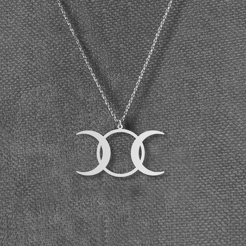 Triple Moon Goddess Choker Necklace, Stainless Steel Witchy Pagan Amulet