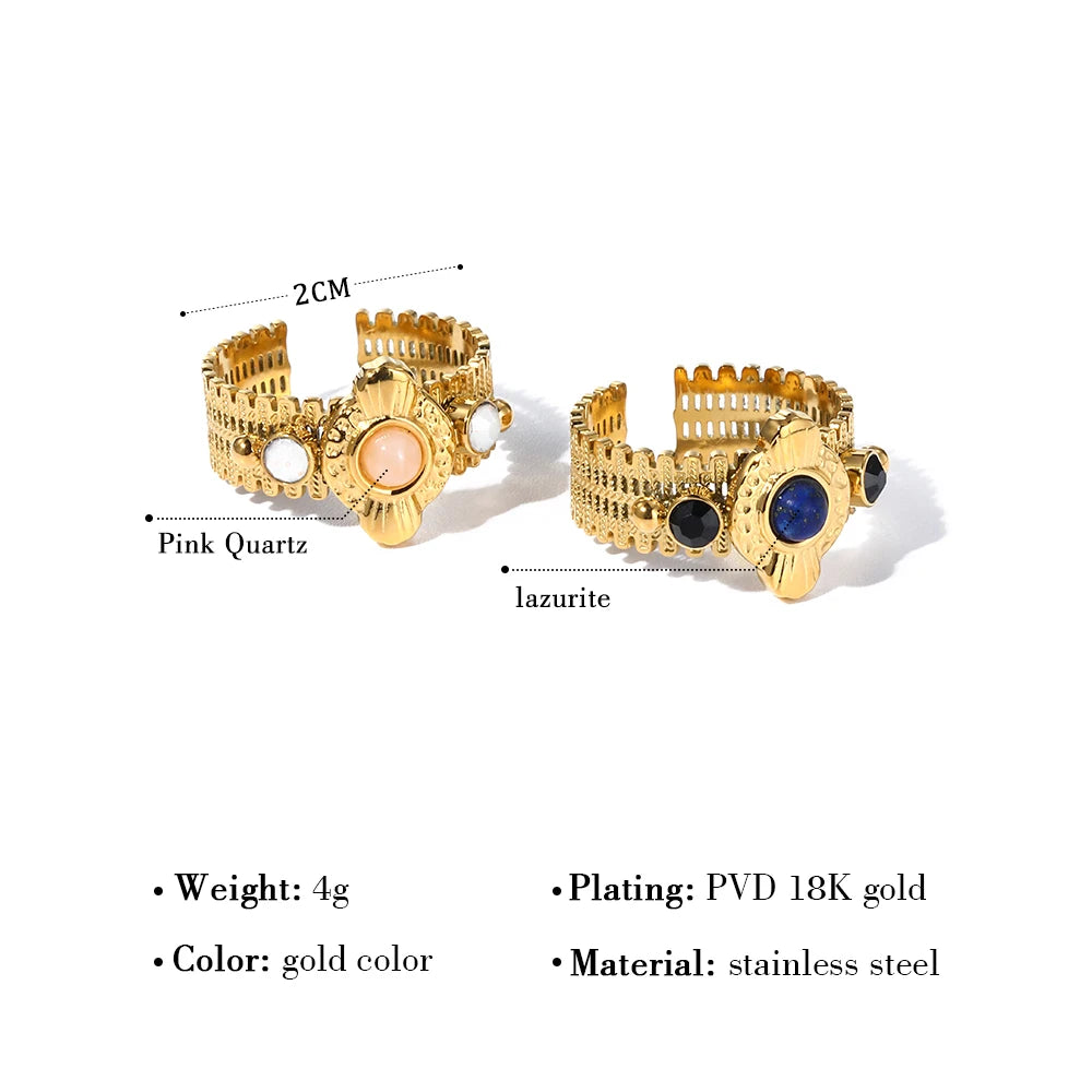 YACHAN Boho Vintage Stainless Steel Rings for Women Pink Natural Stone Lazurite 18K Gold Plated Aesthetic Trend Jewelry - Charlie Dolly
