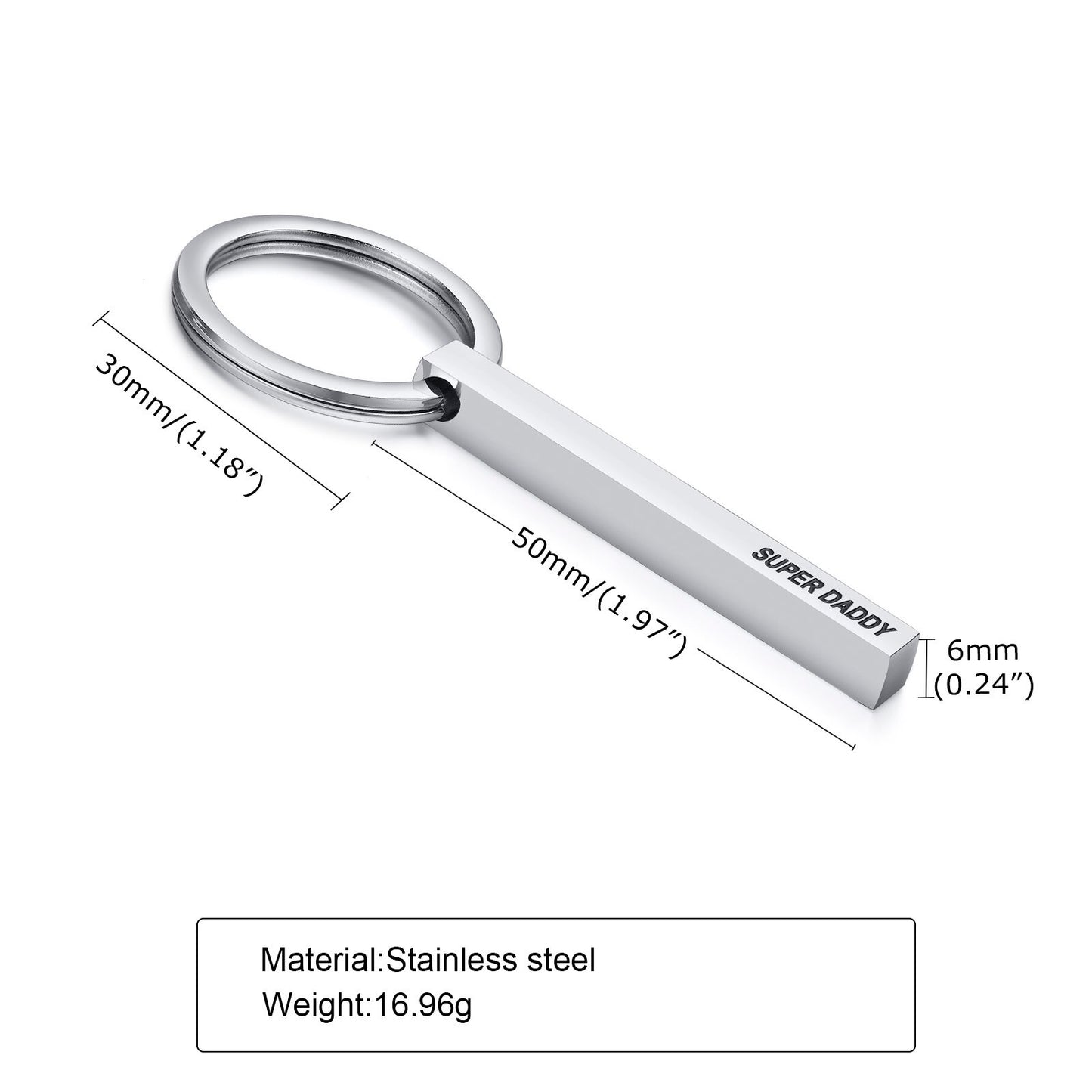 Customized SUPER DADDY Keychains for Men,Stainless Steel Vertical Bar Cuboid Keychain To Dad Drive Safe Gift to Family BFF