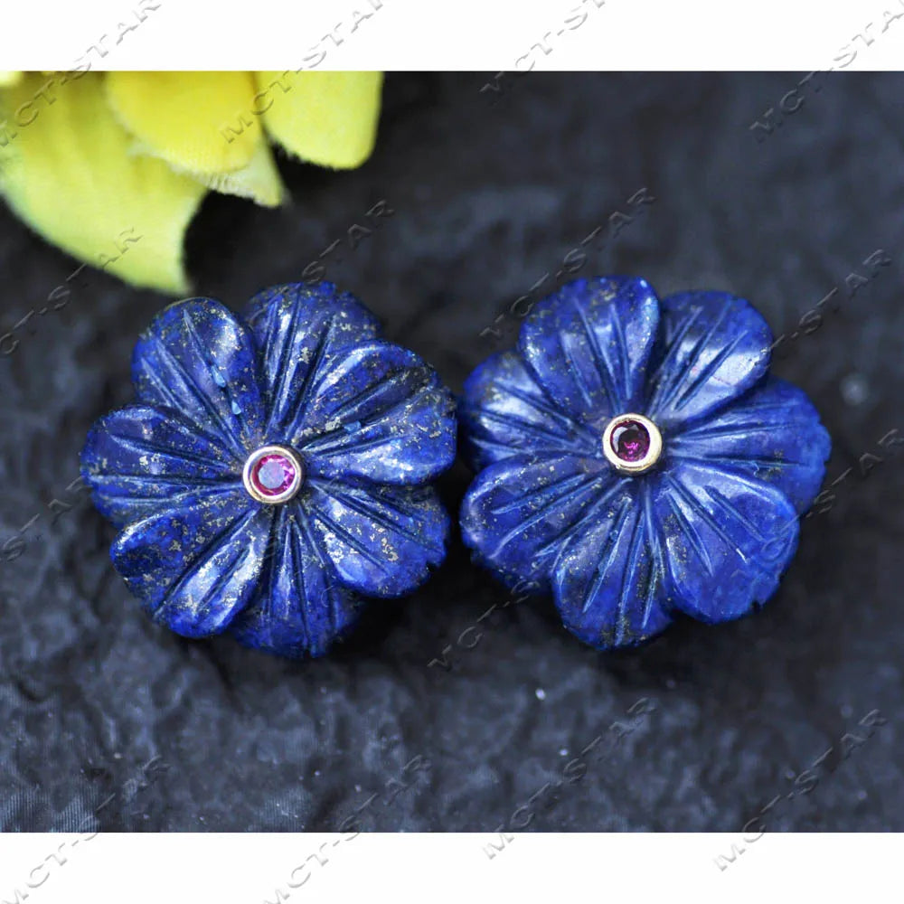 Z14219 Natural 25mm Blue Lapis lazuli Green Yellow Jade Jasper Pink Crystal Flower CZ Stud Earring - Charlie Dolly