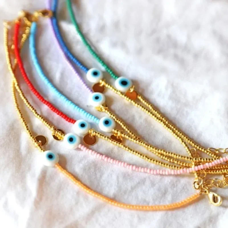 18K Gold Evil Eye Miyuki Bead Stackable Bracelet, Boho Protection Amulet