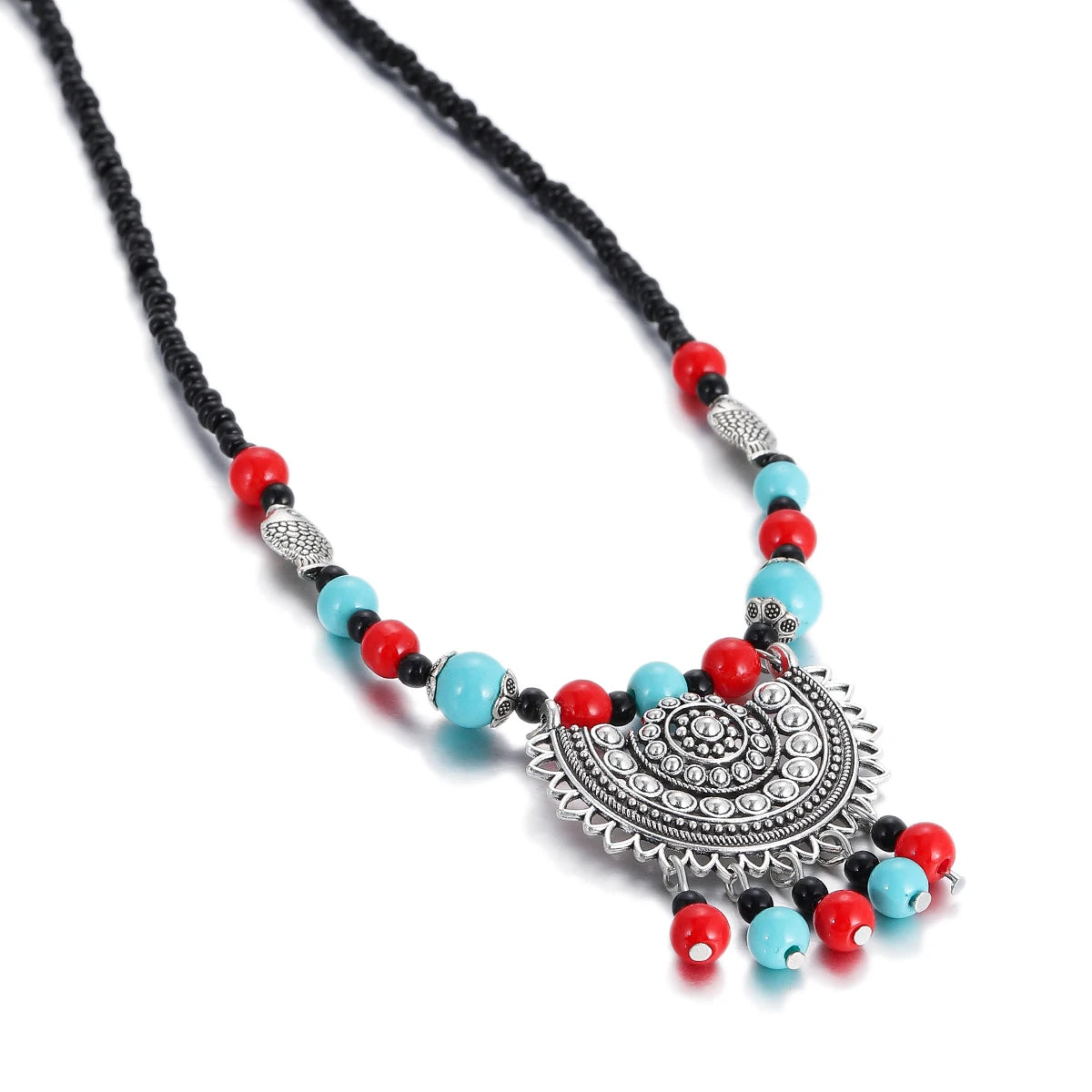 Flower Bead Turquoise Tassel Long Necklace Jewelry