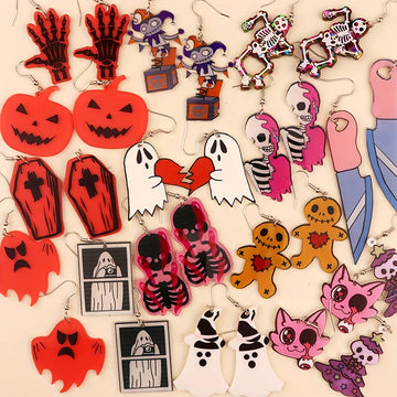 Halloween Dangle Earring With Cartoon Ghost Skeleton Coffin Clown Design Adorable Halloween Women Gift - Charlie Dolly