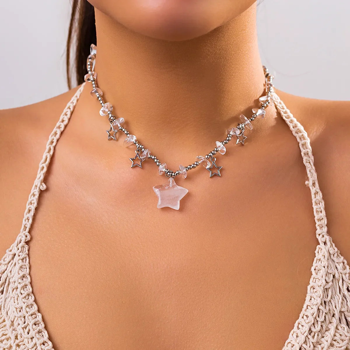 Boho Kpop Colorful Irregular Natural Stone Hollow Star Pendant Choker Necklace Women Goth Beads Chain Y2K Jewelry Accessorie New - Charlie Dolly