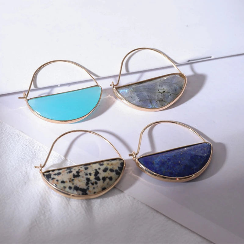 Crescent Moon Natural Gemstone Earrings, Healing Crystal Boho Festival Jewelry