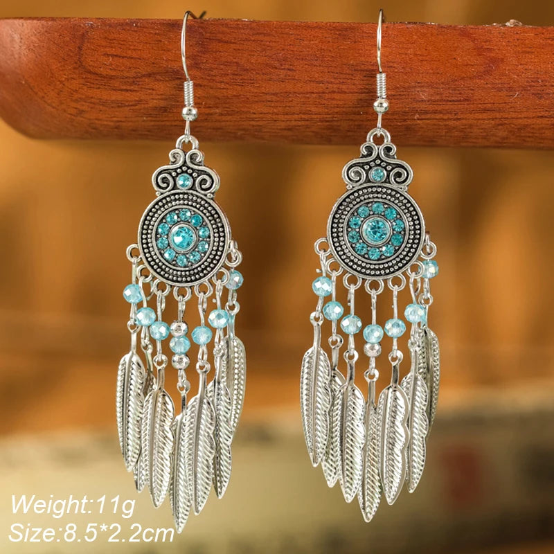 Blue Enamel Feather Crystal Long Earrings Jewelry