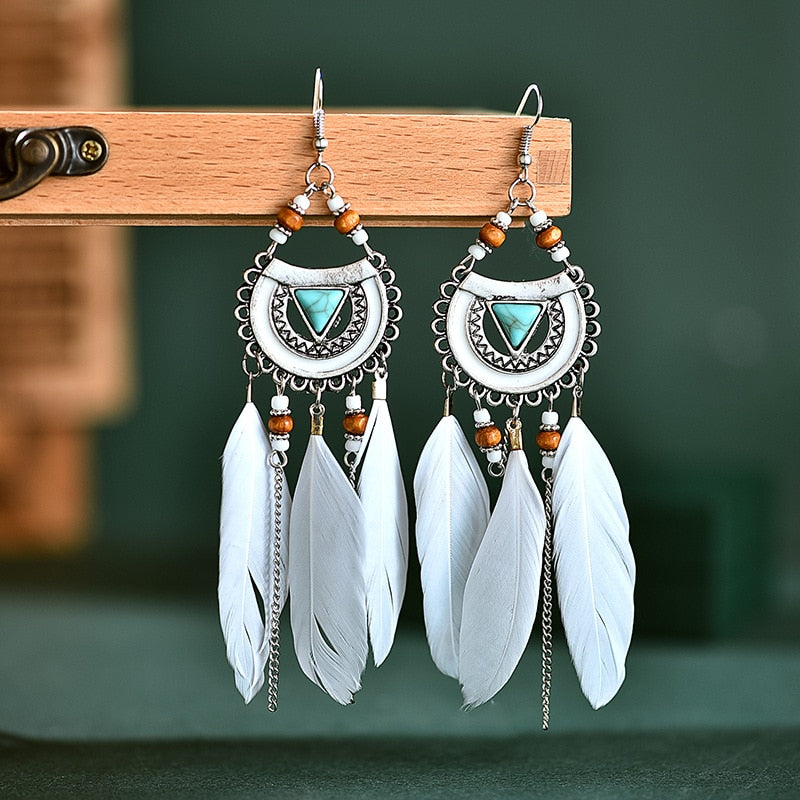 Bohemian White Semicircle Long Feather Tassel Ladies Earrings Women Summer Indian Jewelry Natural Wood Beads Dangle Earrings
