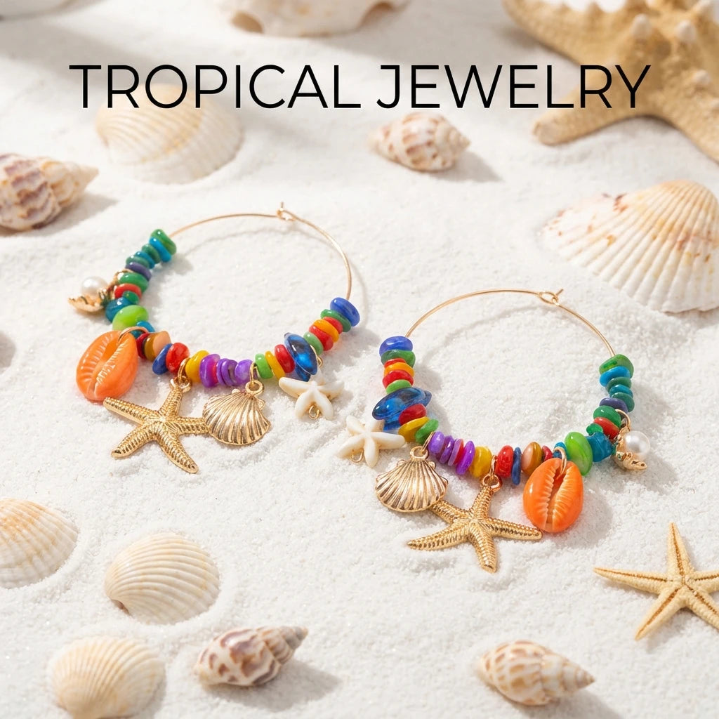 Y2K Starfish, Shell and Irregular Stone Hoop Earrings