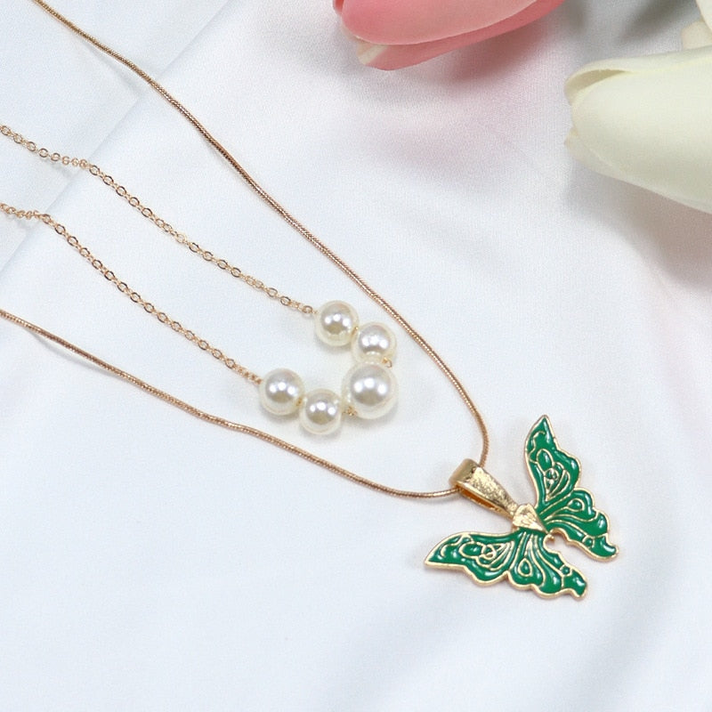 Trendy Barbie Princess Pearl Enamel Butterfly Choker Necklace For Women Holiday Party Gift Fashion Jewelry Accessories N049