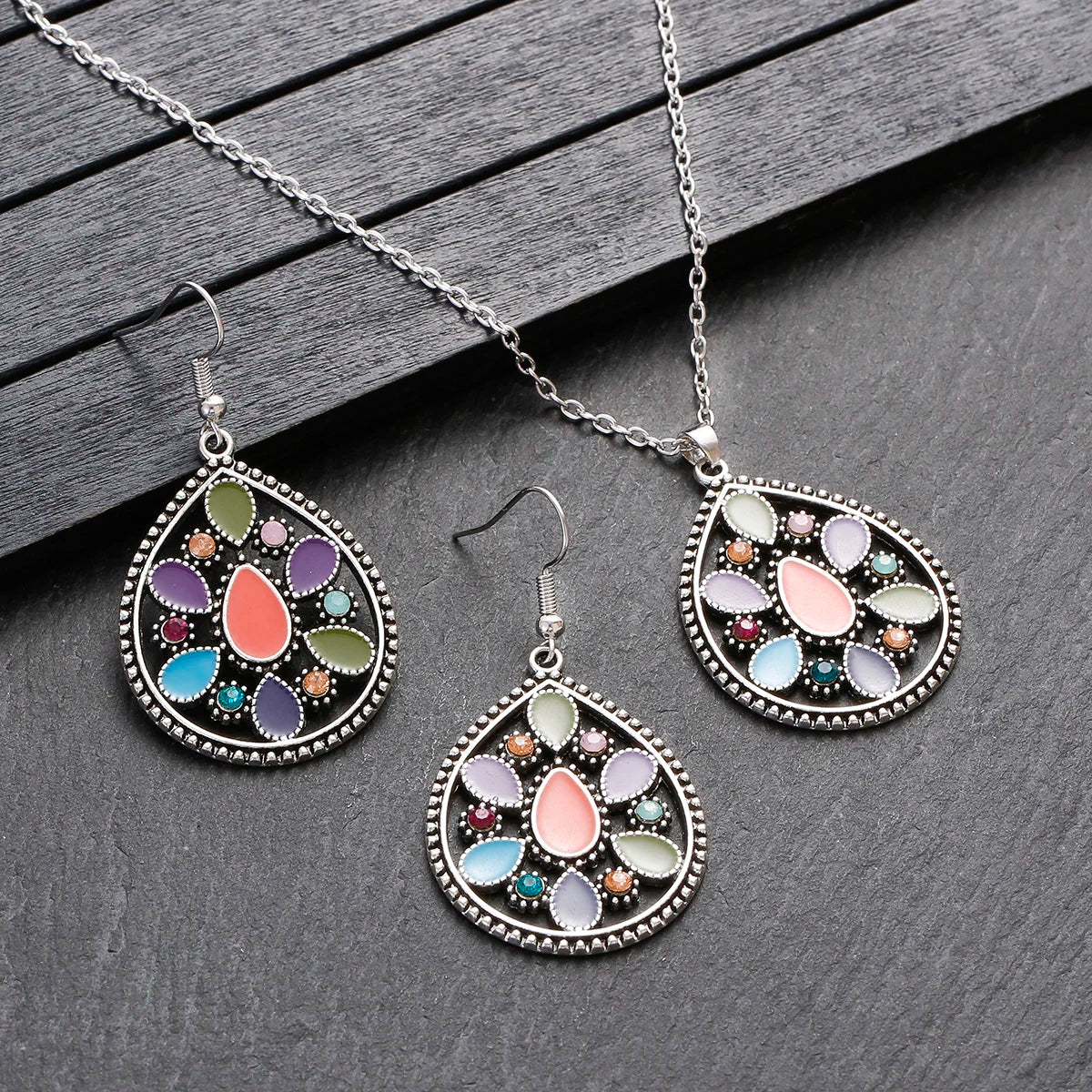 Colorful Bead Flower Necklace Earring Set Jewelry