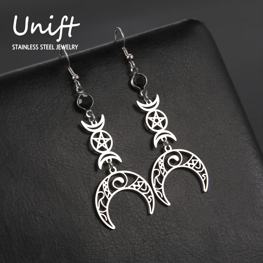 Triple Moon, Rune & Pentagram Hoop Earrings, Stainless Steel Witchy Amulet