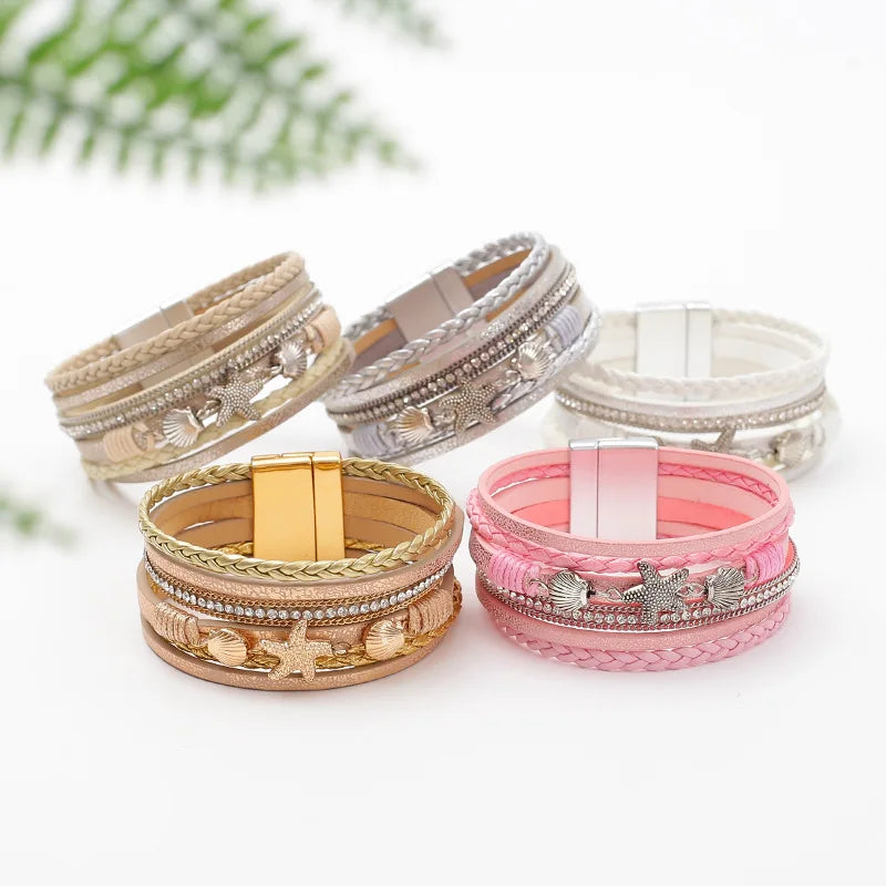 Starfish Shell Braided Leather Cuff Bracelet