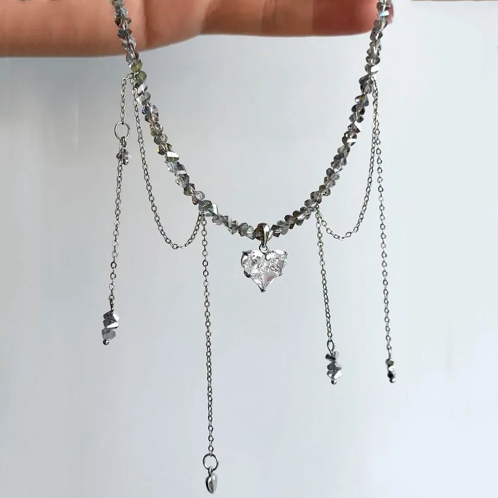 Geometric Crystal Zircon Heart Bead Necklace Jewelry