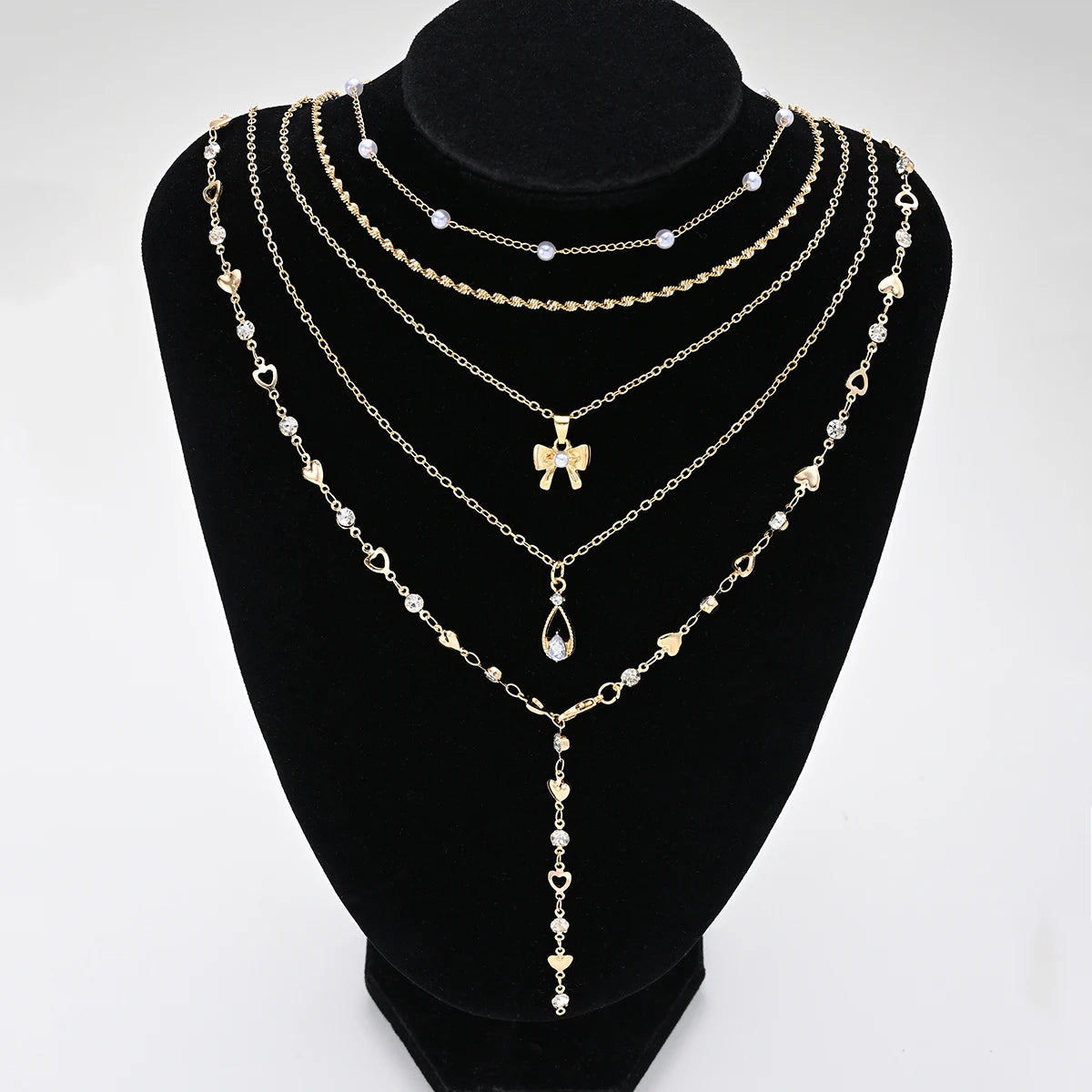 Zircon Pearl Bow Heart Layered Necklace Set Jewelry