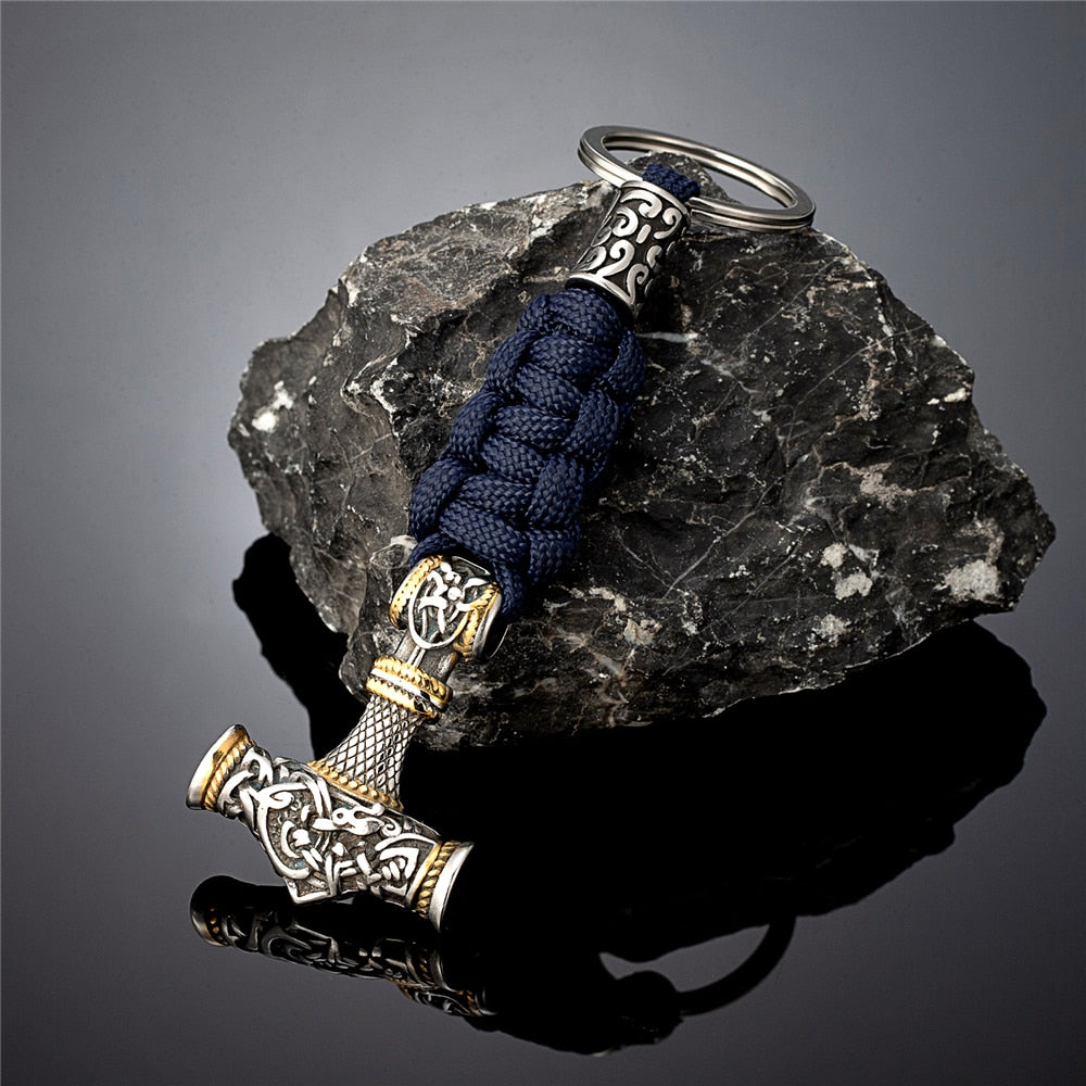 Norse Thor's Hammer Vikings Keychain Men Charm Braided Lanyard Stainless Steel Keyring Valknut Rune Handmade Retro Jewelry