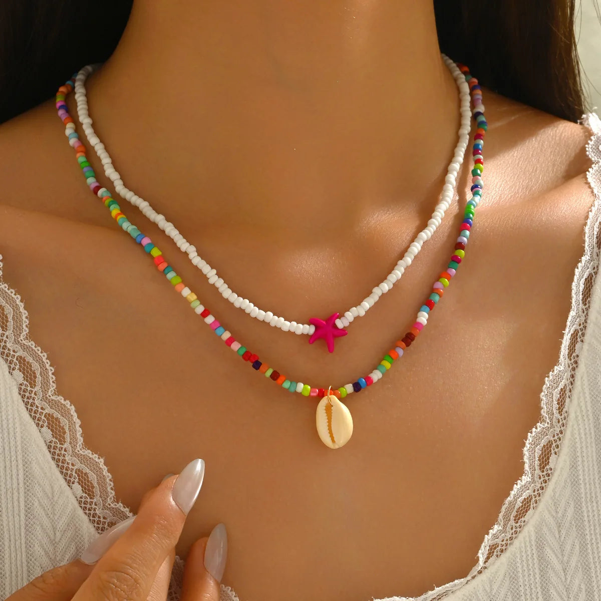 Starfish, Sea Turtle and Conch Beaded Layered Necklace