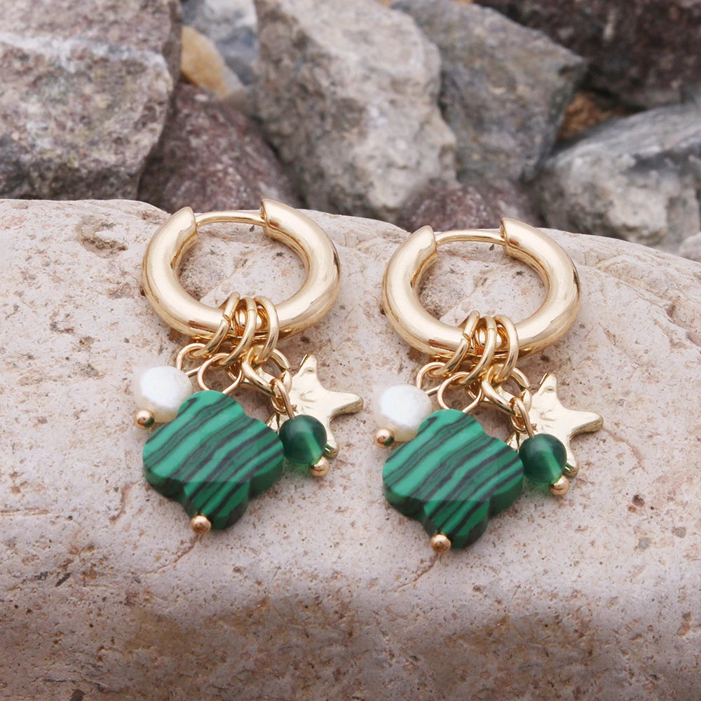 Pendant Earrings For Woman Boho Natural Stone Clover Malachite Powder Crystal Bohemia Charm Ear Luxury Quality Jewelry Girls - Charlie Dolly
