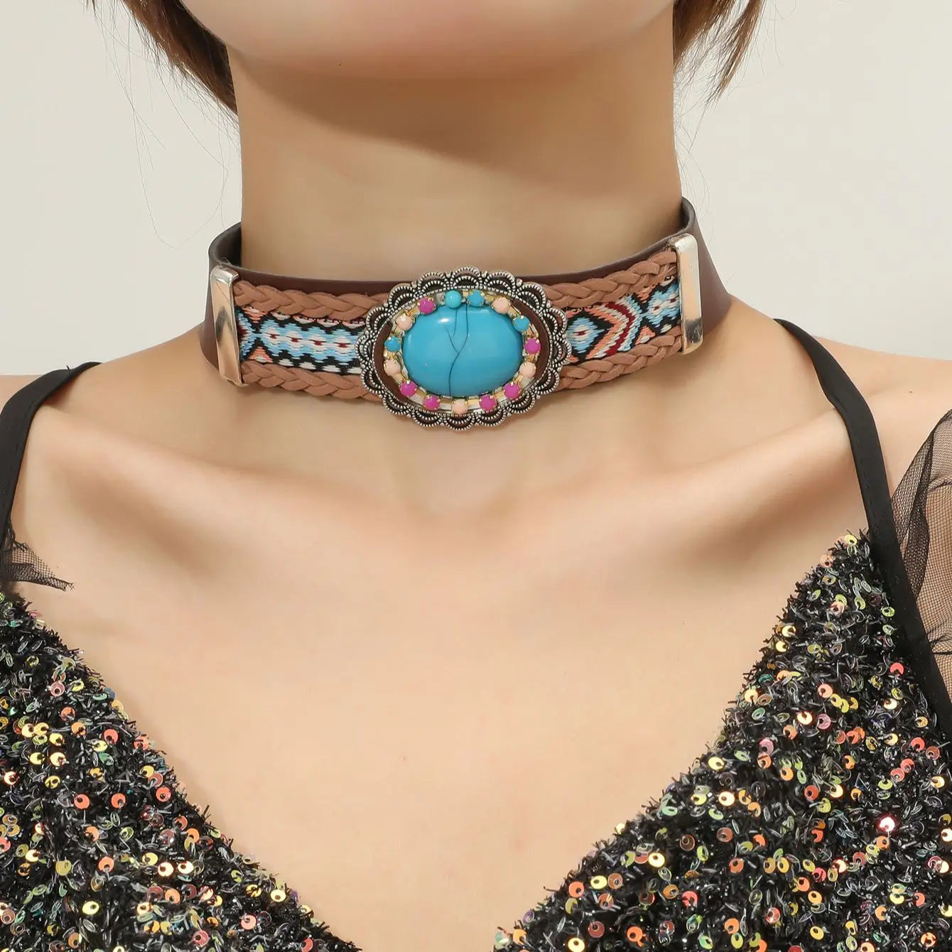 Turquoise Bead Cotton Tassel Choker Necklace Jewelry