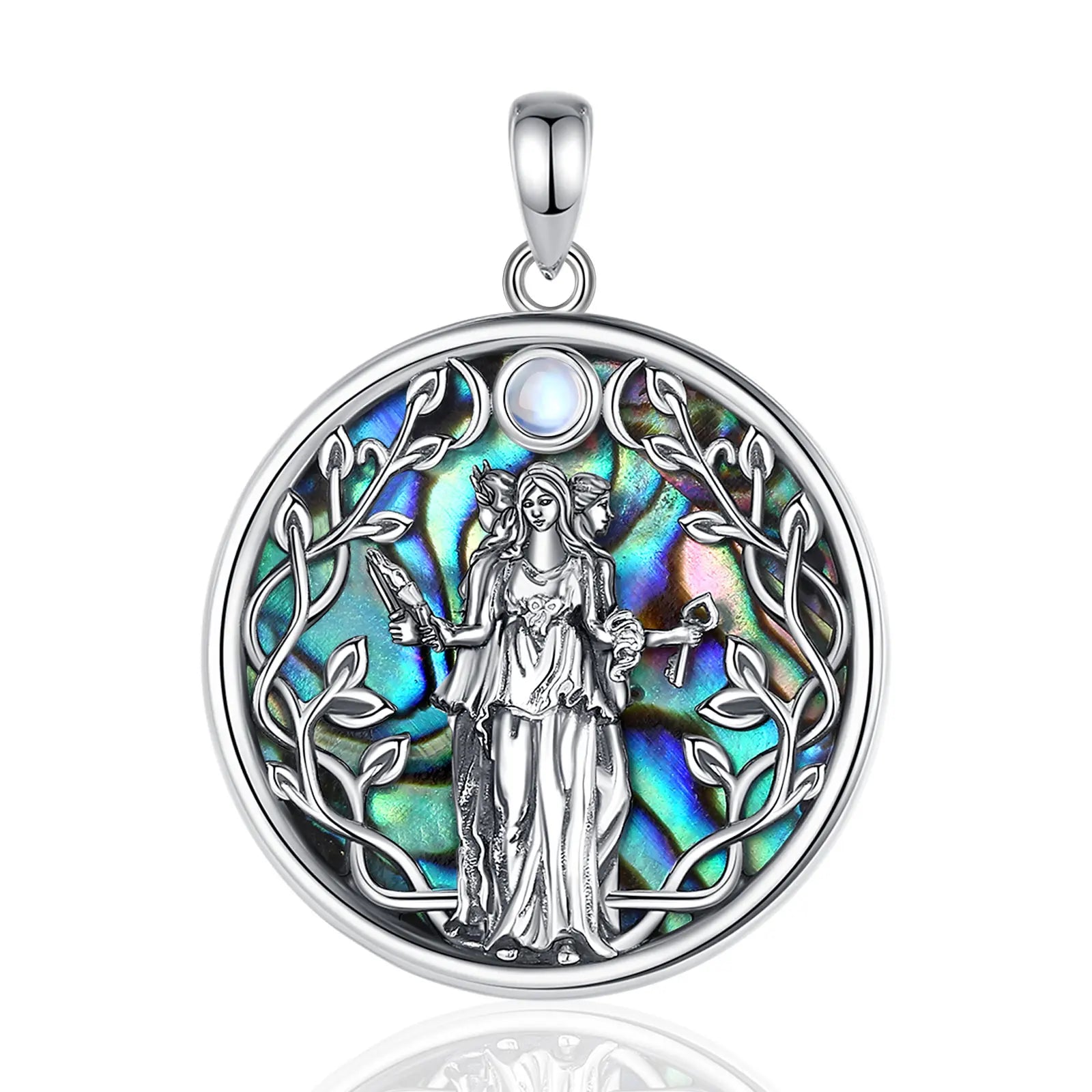 S925 Sterling Silver Triple Moon Goddess Pendant Necklace, Hecate Natural Abalone Amulet