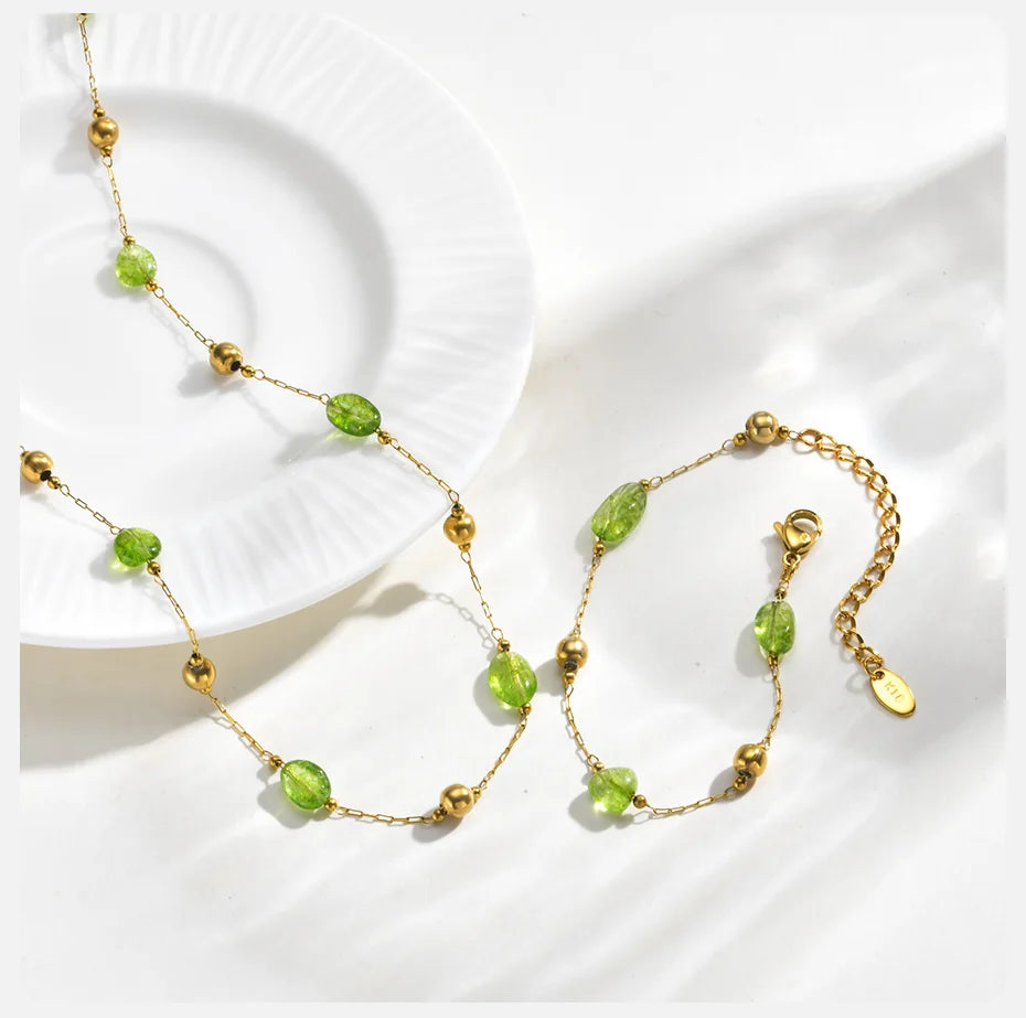 Vnox Stainless Steel Natural Green Stones Spacer Bead Thin Chain Bracelet Summer Boho Seaside Vacation Choker Bracelet Jewelry - Charlie Dolly