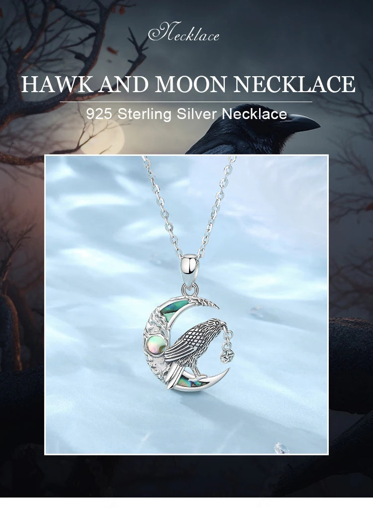 Sterling Silver 925 Viking Raven & Pentagram Moon Necklace, Abalone Shell Amulet