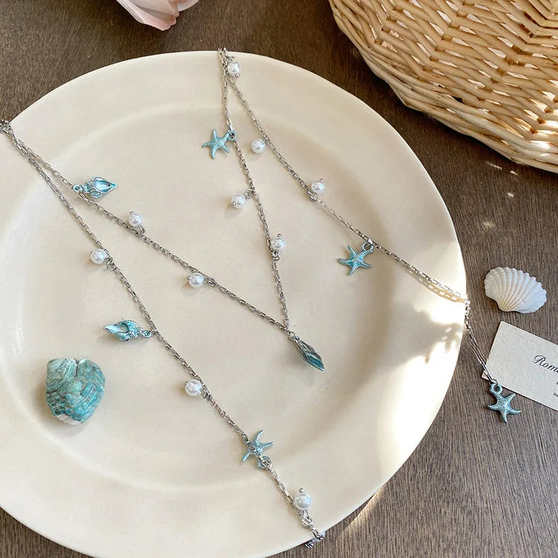 Irregular Shell, Starfish and Pearl Tassel Necklace and Earring Set