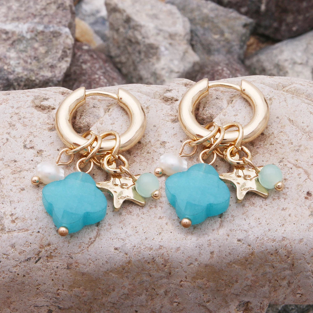 Pendant Earrings For Woman Boho Natural Stone Clover Malachite Powder Crystal Bohemia Charm Ear Luxury Quality Jewelry Girls - Charlie Dolly