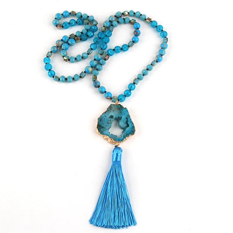Knotted Druzy Stone Tassel Necklace Jewelry