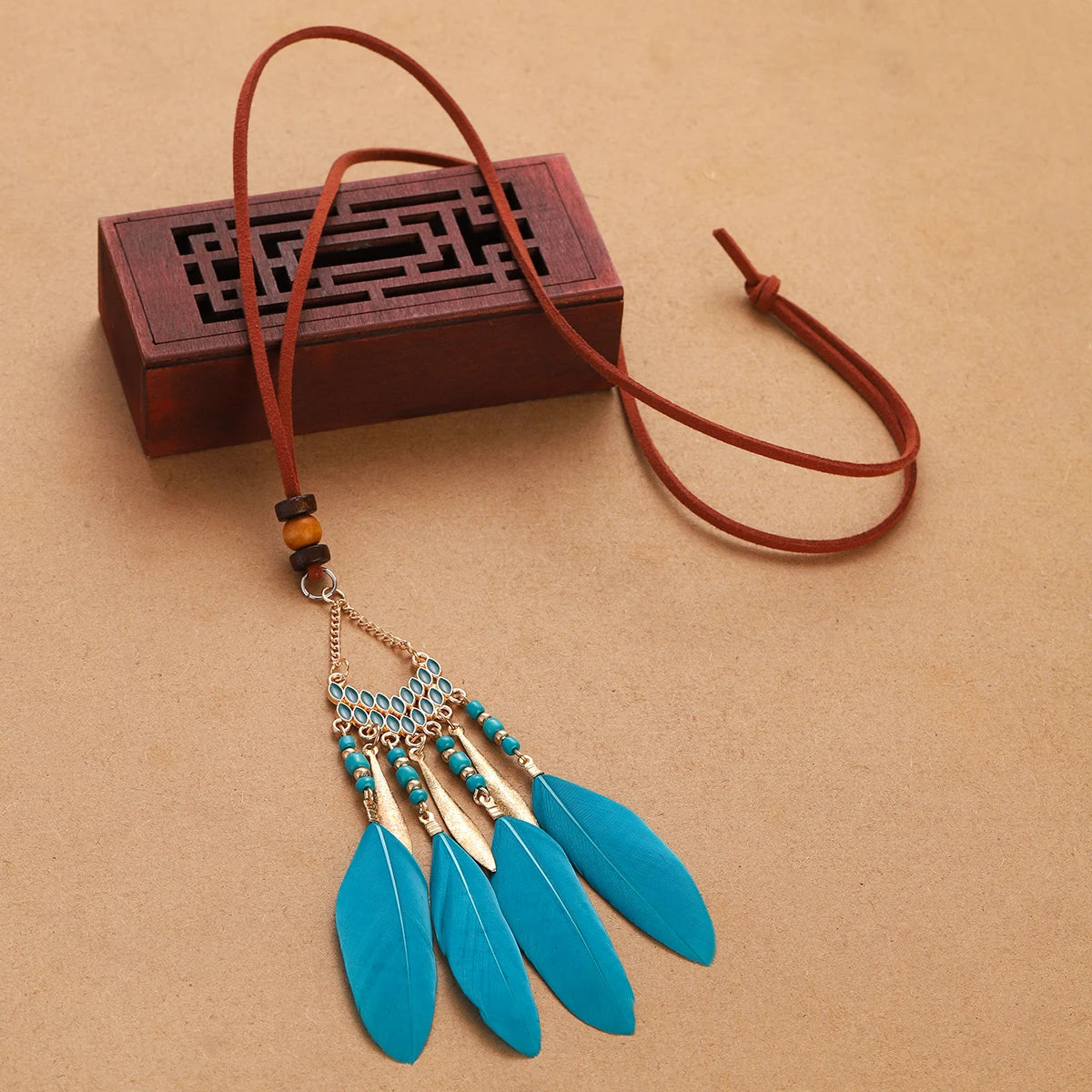 Rope Bead Feather Pendant Long Necklace Jewelry