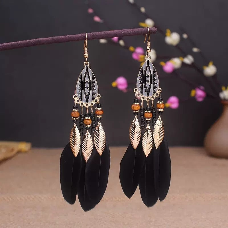 Boho Long Feather Dangle Women's Earrings Beach Long Tassel Beads Handmade Flower Enamel Earrings Bride Wedding Pendientes Mujer