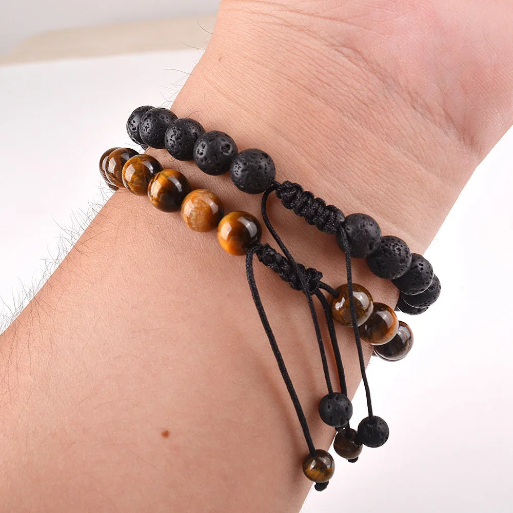 Tiger Eye Stone Beaded Bracelet, Handwoven Cross Knot Couple Set, Natural Gemstone Unisex Boho Chic Jewelry Gift for Men Women - Charlie Dolly