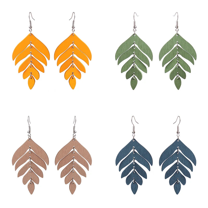 Wooden Leaf Long Statement Hook Earrings Jewelry