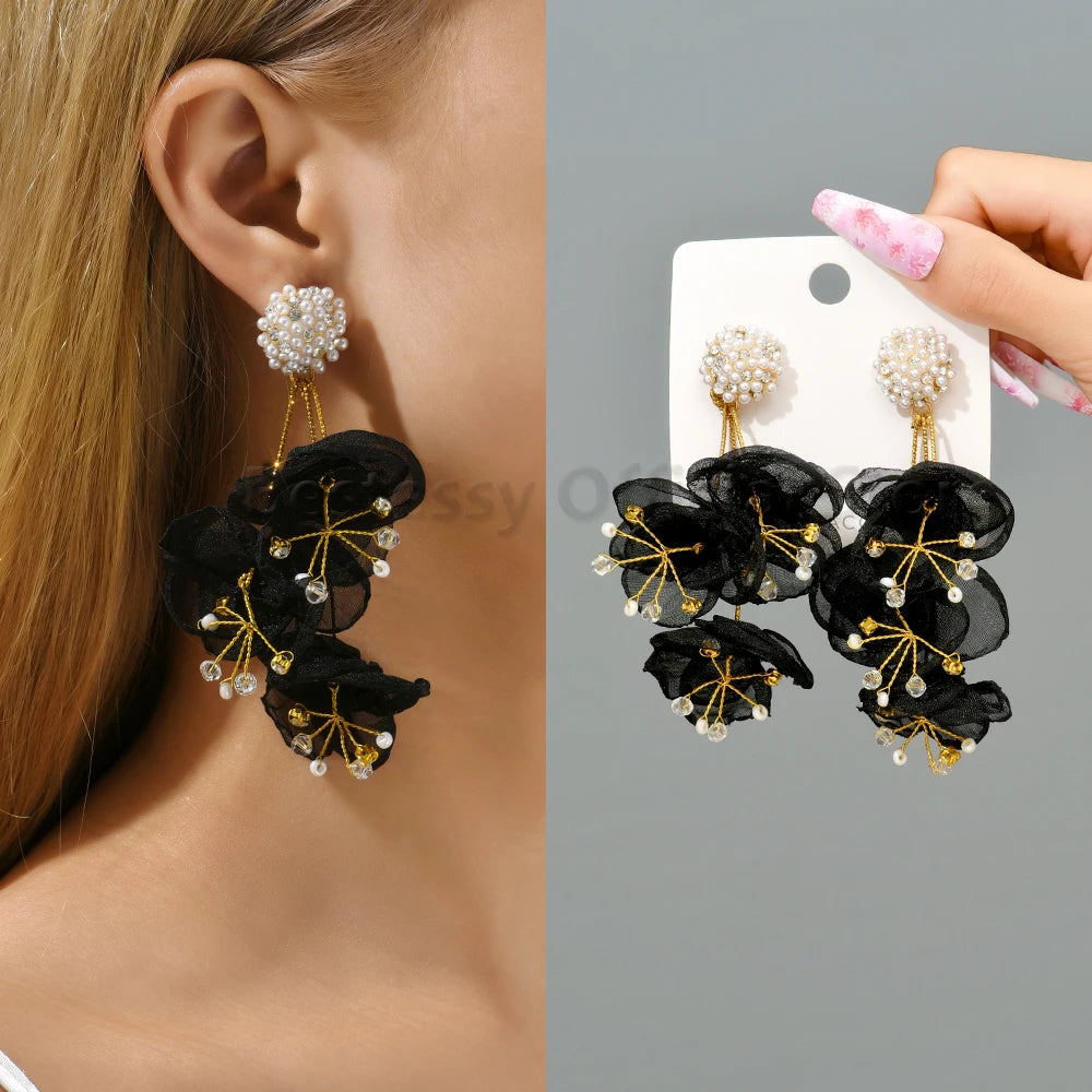 Cotton Flower Petal Beaded Tassel Earrings Jewelry