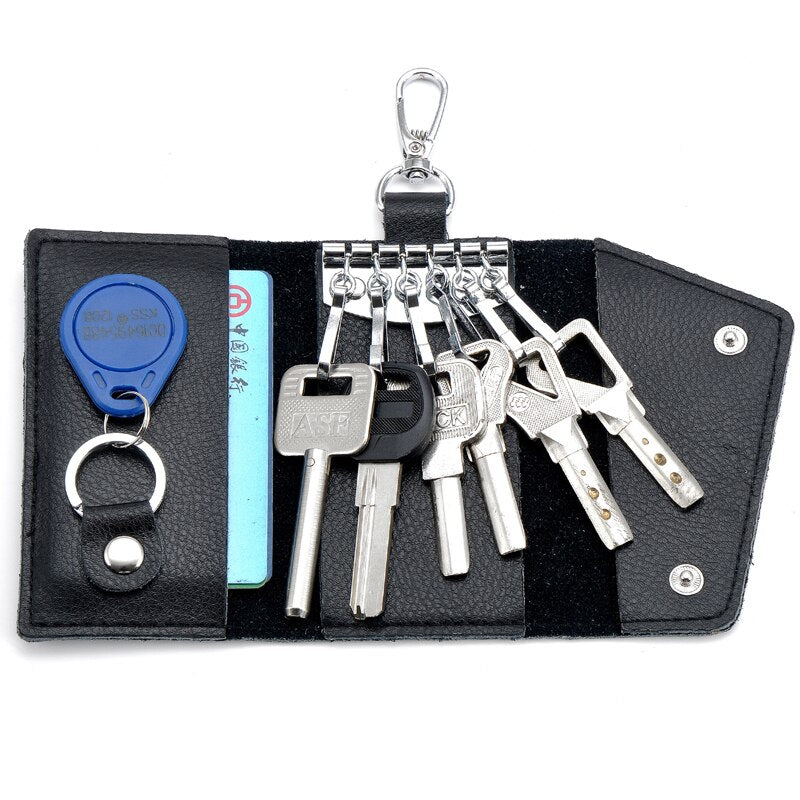 6 Hooks Leather Keychain Storage Men Women Key Holder Organizer Pouch Cow Split Car Key Wallets Housekeeper Key Case Card Bag