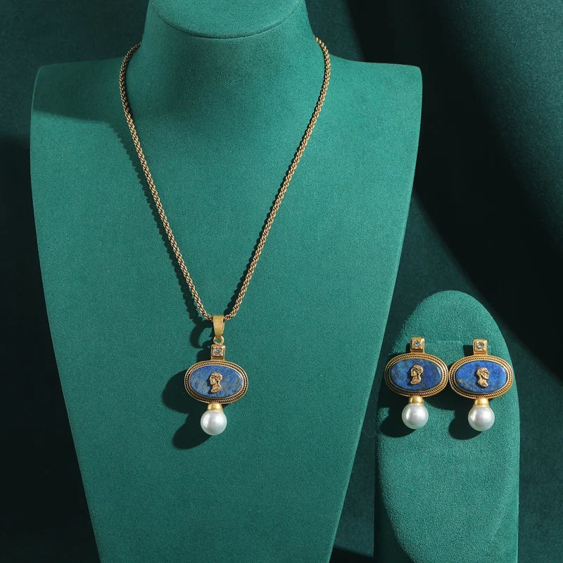 Vintage Cameo Jewelry Set Woman Avatar Pendent Pearl Necklace Lapis Lazuli Stud Earrings Blue Natural Stone Wedding Party 2026 - Charlie Dolly
